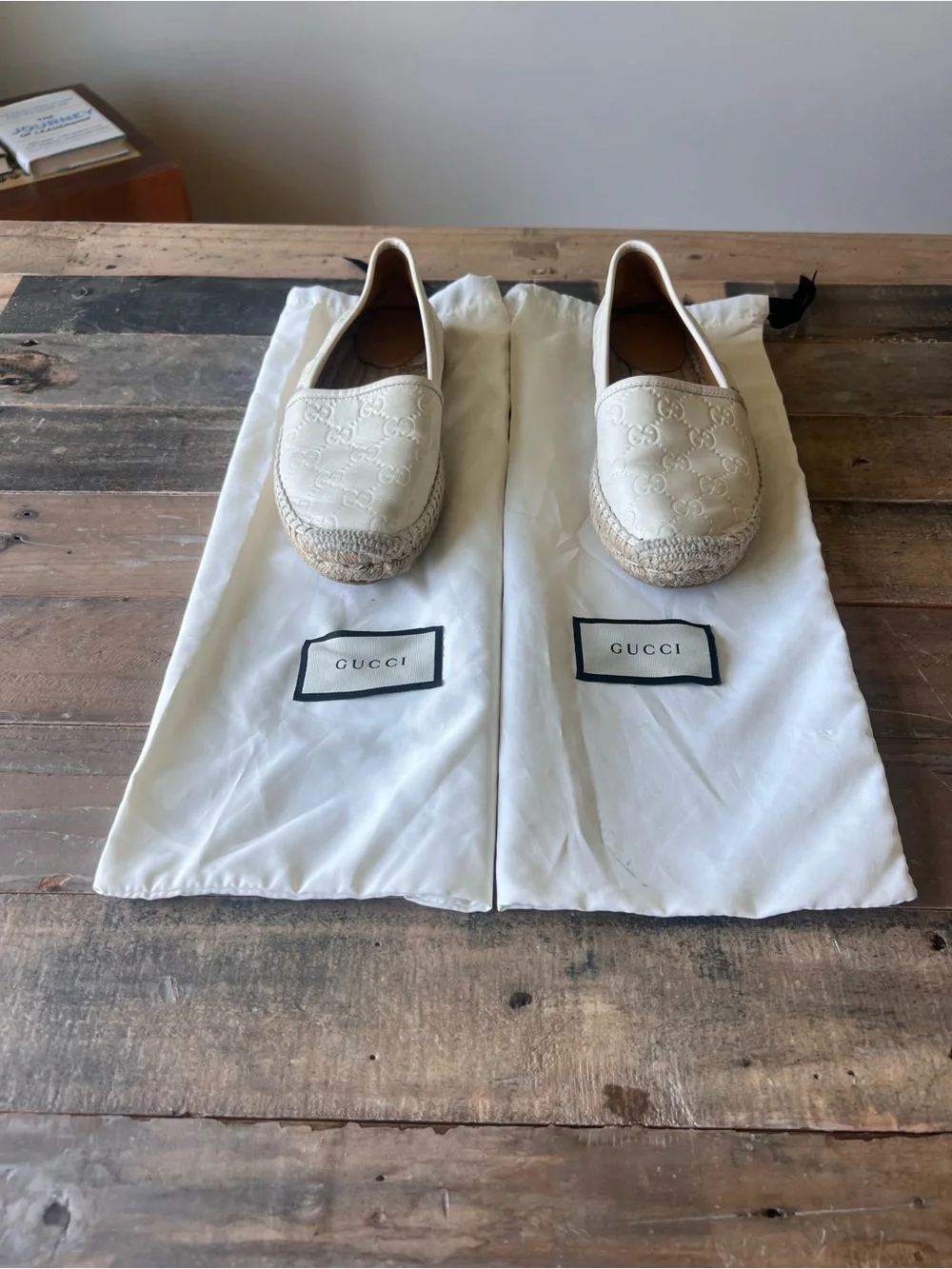 Gucci Cream Embossed Leather Espadrille Slip-Ons